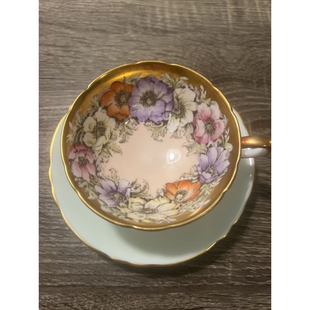 VTG Paragon Anemones Poppies on Gold Pink Background Tea Cup & Saucer Blue Rare! - Picture 3 of 16